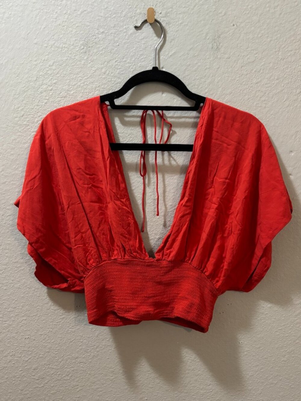 Free People Boho Smocked Puff Sleeve Deep V-Neck Crop Top Size Medium